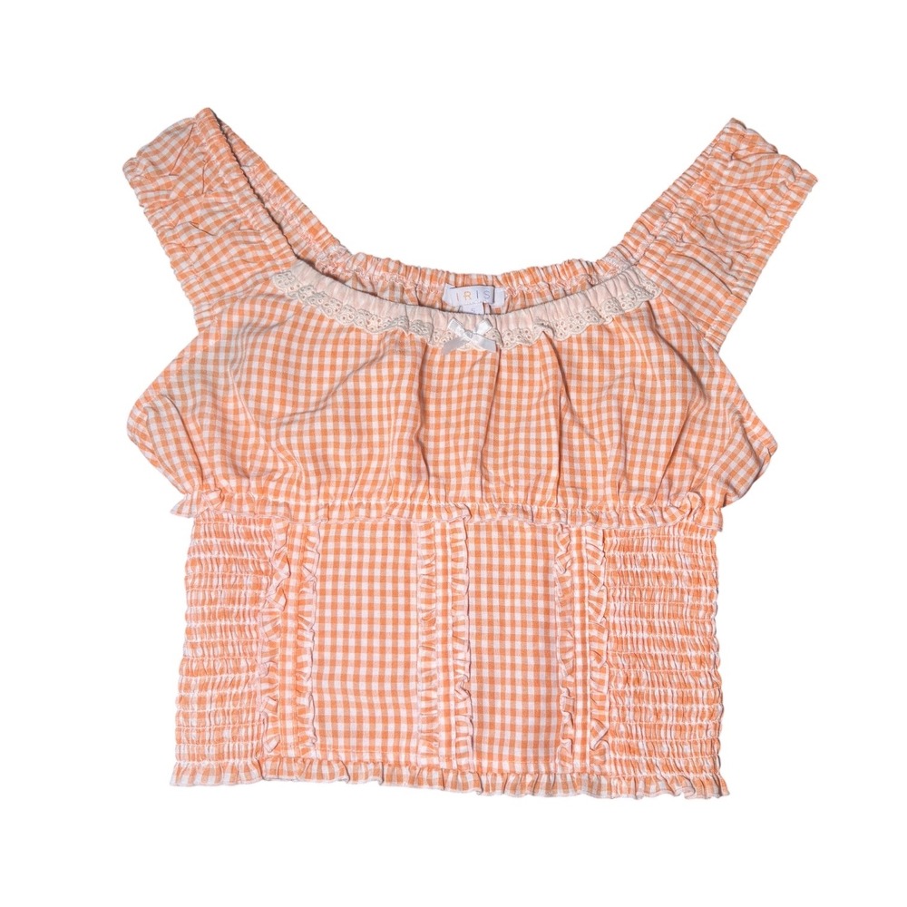Iris Orange Gingham Smocked Crop Babydoll Top Cottagecore Lace Trim S IT93093